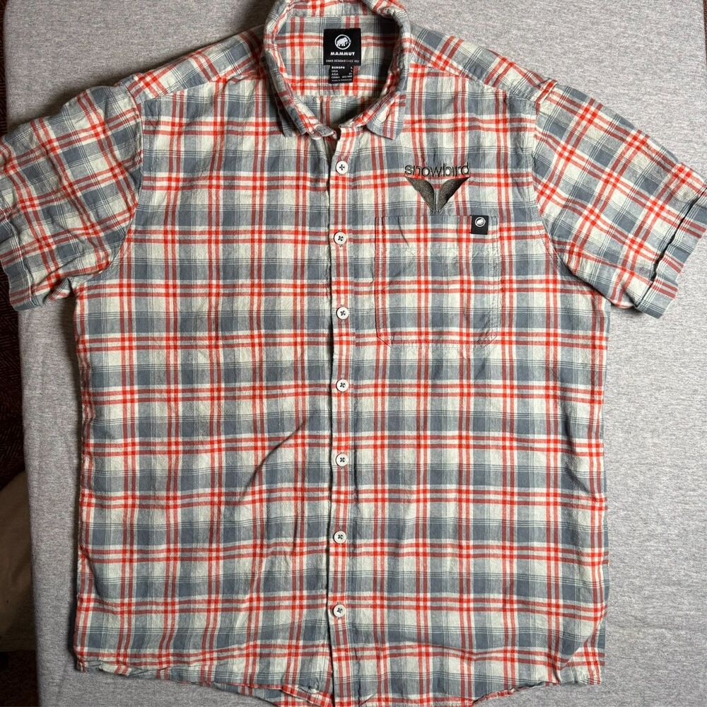 Mammut Snowbird Utah Ski Resort Mens Short Sleeve Size Large Orange Gray Stripe